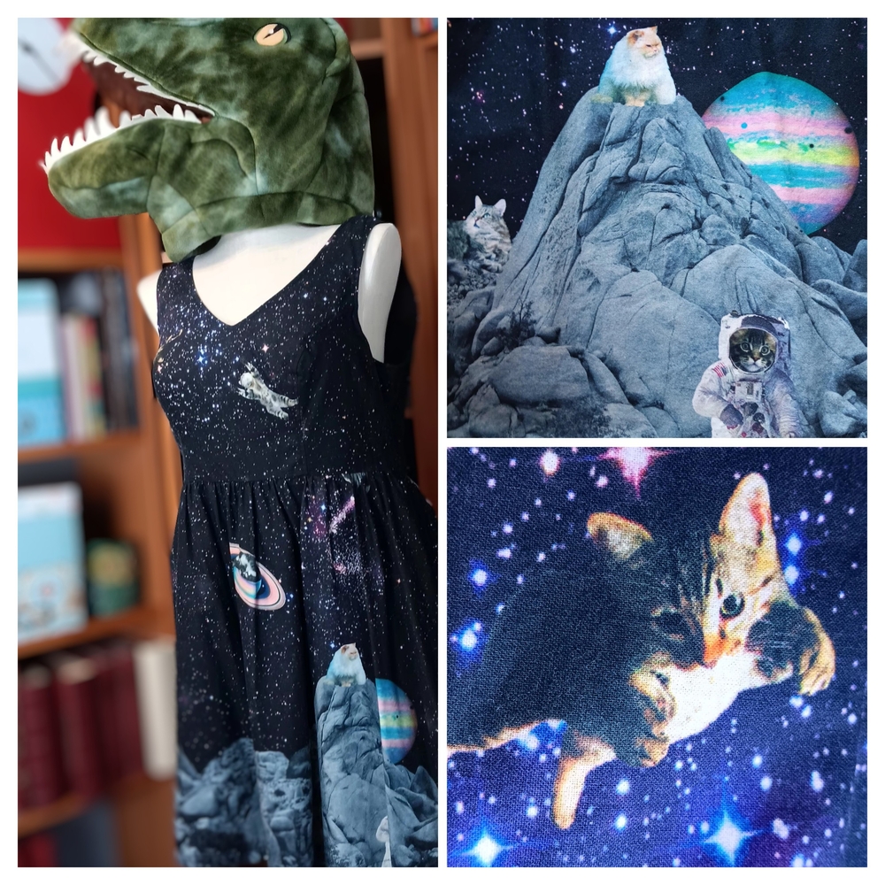 Modcloth "Take Up Space" Fit and Flare Cats Kittens in Space Dress